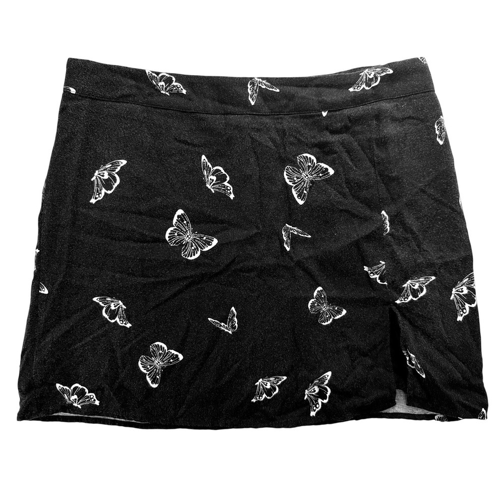 Whimsygoth Y2K Butterfly Print Mini Skirt Sz Medium Black Fairy Side Slit Lined